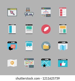 page icon set. vector set about quill, map, bookshelf and browser icons set.