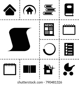 Page icons. set of 13 editable filled page icons such as house building, baby stroller, book, document, news, calendar, loading, home, clean house
