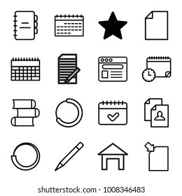 Page icons. set of 16 editable outline page icons such as star, resume, pen, book, calendar, paper, browser, loading, download document, notebook, calendar with clock