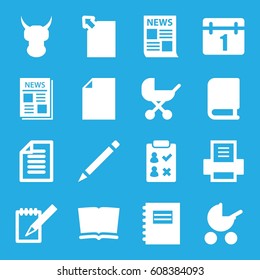 Page icons set. set of 16 page filled icons such as baby stroller, calendar, pen, news, notebook, paper, printer, book, notepad, check list, helmet