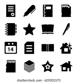 Page icons set. set of 16 page filled icons such as house building, clean house, document, notebook, paper, 14 date calendar, star, memory card, book