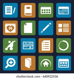 Page icons set. set of 16 page filled icons such as baby stroller, book, pen, document, 14 date, paper, zoom in, home, calendar, menu