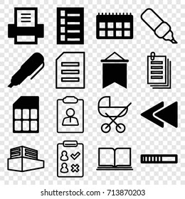 Page icons set. set of 16 page filled and outline icons such as document, play back, printer, pen, memory card, flag, baby stroller, paper, documents box, loading, calendar