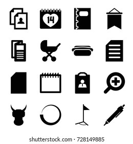 Page icons set. set of 16 page filled icons such as baby stroller, resume, pen, news, 14 date, document, notebook, zoom in, hot dog, flag, calendar, paper, helmet
