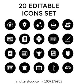 Page icons. set of 20 editable filled page icons such as browser window, book, calendar, document, newspaper, file, paper and pen. best quality page elements in trendy style.