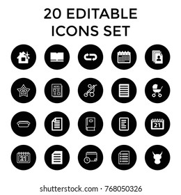 Page icons. set of 20 editable filled and outline page icons such as clean house, calendar, book, helmet, document, paper, baby stroller, news, star, hot dog