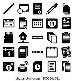 Page icons. set of 25 editable filled page icons such as document, resume, paper, calendar, 14 date, newspaper, pen, loading, browser window, news, home, printer, memory card