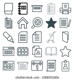 Page icons. set of 25 editable outline page icons such as star, house building, resume, calendar, browser window, document, book, pen, paper, clipboard, zoom in, printer