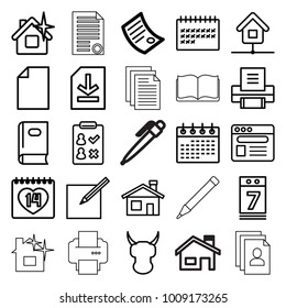 Page icons. set of 25 editable outline page icons such as document, house building, book, clean house, calendar, paper, check list, helmet, 14 date, browser, calendar 7 date