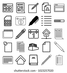 Page icons. set of 25 editable outline page icons such as pen, house building, resume, calendar, browser window, paper, news, menu, loading, download document, documents box
