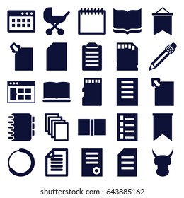 Page icons set. set of 25 page filled icons such as baby stroller, document, book, paper, pen, memory card, flag, notebook, calendar, browser window, check list