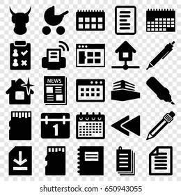 Page icons set. set of 25 page filled icons such as baby stroller, clean house, calendar, pen, paper, news, play back, documents box, file, memory card, home, printer