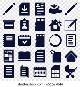 Page icons set. set of 25 page filled icons such as house building, baby stroller, pen, clean house, resume, calendar, paper, document, documents box, file, clipboard