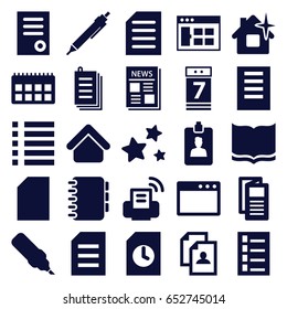 Page icons set. set of 25 page filled icons such as house building, document, clean house, book, resume, pen, news, paper, menu, calendar 7 date, clipboard, star, notebook