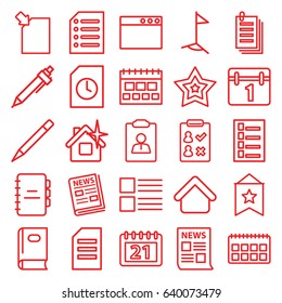 Page icons set. set of 25 page outline icons such as house building, book, document, clean house, pen, calendar, paper, news, star, notebook, flag, menu, check list
