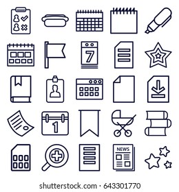 Page icons set. set of 25 page outline icons such as baby stroller, calendar, news, calendar 7 date, file, clipboard, star, zoom in, hot dog, flag, document, book, pen