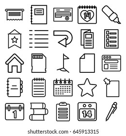 Page icons set. set of 25 page outline icons such as house building, document, calendar, news, 14 date, notebook, browser, menu, 14 date calendar, memory card, star, flag