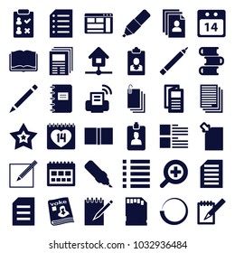 Page icons. set of 36 editable filled page icons such as pen, news, book, calendar, check list, 14 date, newspaper, magazine, notebook, menu, paper, loading, download document