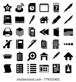 Page icons. set of 36 editable filled page icons such as baby stroller, document, resume, printer, pen, news, browser window, book, calendar, paper, play back, menu, loading