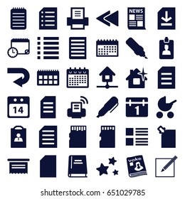 Page icons set. set of 36 page filled icons such as baby stroller, clean house, calendar, magazine, notebook, play back, menu, document, file, clipboard, paper and pen, paper