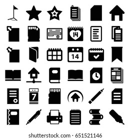 Page icons set. set of 36 page filled icons such as house building, book, pen, document, printer, news, calendar, paper, 14 date, notebook, calendar 7 date, 14 date calendar