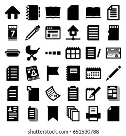 Page icons set. set of 36 page filled icons such as baby stroller, resume, paper, pen, document, magazine, notebook, browser, calendar 7 date, book, home, memory card, hot dog