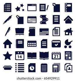 Page icons set. set of 36 page filled icons such as house building, baby stroller, book, resume, pen, calendar, news, notebook, menu, paper, 14 date calendar, star