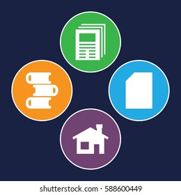 page icons set. Set of 4 page filled icons such as house building, newspaper, book