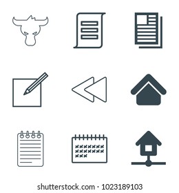 Page icons. set of 9 editable filled and outline page icons such as house building, home, calendar, play back, document, paper and pen, helmet, newspaper