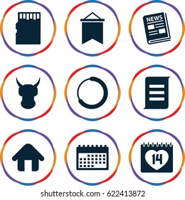 Page icons set. set of 9 page filled icons such as 14 date, news, home, memory card, calendar, flag, helmet, document