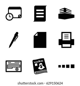 Page icons set. set of 9 page filled icons such as document, magazine, documents box, printer, calendar with clock, pen, paper