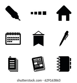 Page icons set. set of 9 page filled icons such as house building, calendar, paper, news, notebook, flag, pen
