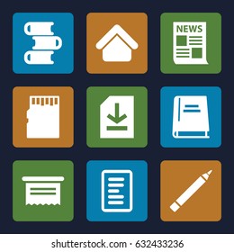 Page icons set. set of 9 page filled icons such as house building, pen, file, book, document, memory card