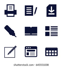 Page icons set. set of 9 page filled icons such as browser, file, paper and pen, printer, book, pen, document, menu