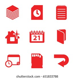 Page icons set. set of 9 page filled icons such as clean house, notebook, calendar, paper, memory card, calendar with clock, book, back arrow