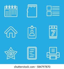 page icons set. Set of 9 page outline icons such as calendar, calendar 7 date, clipboard, star, home, printer, document, memory card