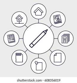 Page icons set. set of 9 page outline icons such as house building, pen, magazine, news, memory card, home, paper, download document