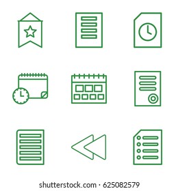 Page icons set. set of 9 page outline icons such as document, play back, paper, calendar with clock, calendar