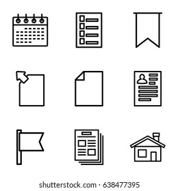Page icons set. set of 9 page outline icons such as house building, document, resume, calendar, flag, paper, download document