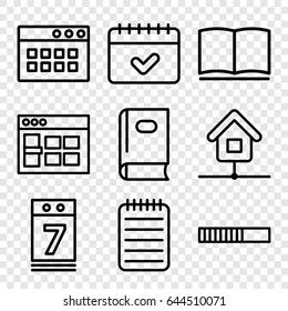 Page icons set. set of 9 page outline icons such as book, calendar, notebook, calendar 7 date, home, browser window