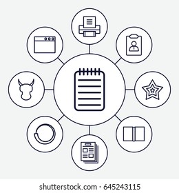 Page icons set. set of 9 page outline icons such as notebook, star, book, printer, helmet, browser window, loading, resume