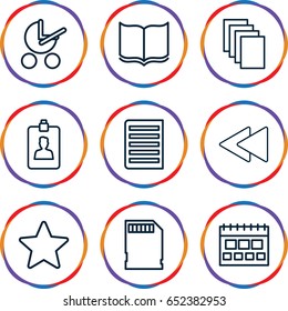 Page icons set. set of 9 page outline icons such as baby stroller, book, paper, play back, document, clipboard, memory card, star