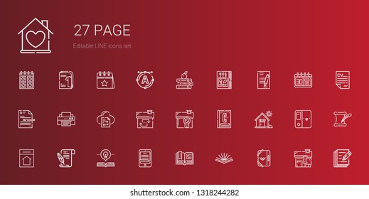 page icons set. Collection of page with folder, open book, ereader, literature, home, house, phone book, file transfer, printer, file, contract. Editable and scalable page icons.