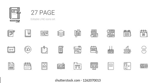 page icons set. Collection of page with notebook, news, folder, open book, tasks, calendar, file, board, house, sticky note, like, books, fax. Editable and scalable page icons.