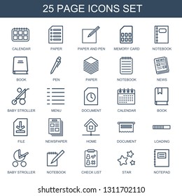 page icons. Trendy 25 page icons. Contain icons such as calendar, paper, paper and pen, memory card, notebook, book, pen, news, baby stroller, menu. page icon for web and mobile.