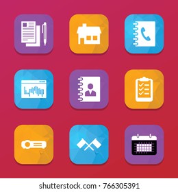 Page icons. vector collection filled page icons set.. includes symbols such as house, adress book, list, flags, projector, document and pen. use for web, mobile and ui design.