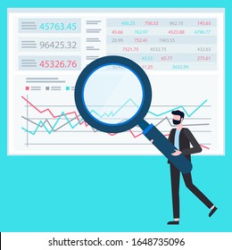 Page with information charts and stats vector, broker wearing formal suit exploring data with magnifying glass. Male examining info on board, numbers