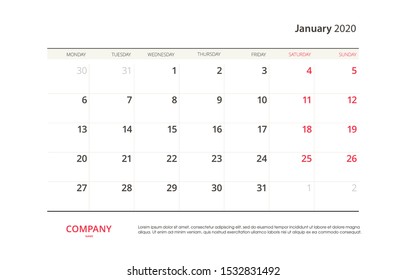 Page January 2020 calendar planner stationary design template. Monthly planner. Corporate and business template design. Week starts on Sunday. Vector illustration. Isolated background.