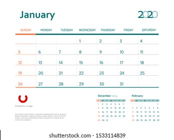 Page January 2020 wall calendar planner stationary design template. Color event monthly planner. Corporate and business template design. Week starts on Sunday. Vector illustration. Isolated background