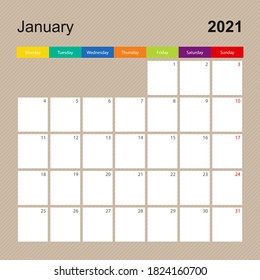 Сalendar page for January 2021, wall planner with colorful design. Week starts on Monday. Vector calendar template.